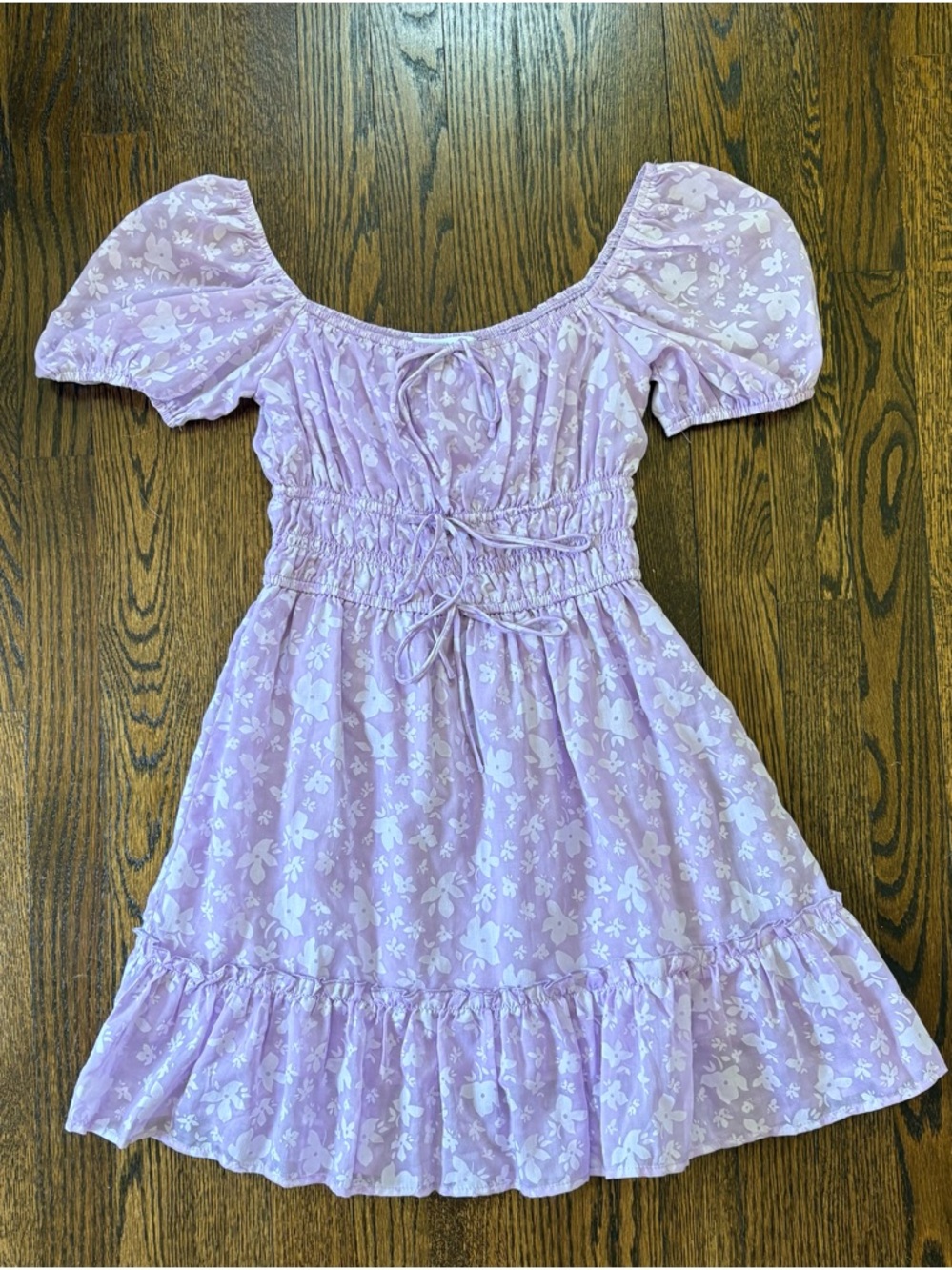 Juliana's Lavender Floral Puff Sleeve Mini Dress S Smocked Cottagecore TD1854